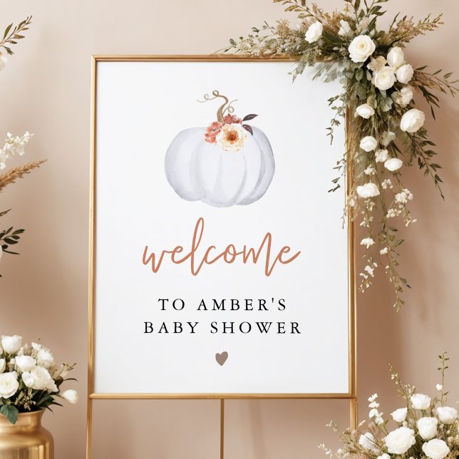 AMBER White Pumpkin Fall Baby Dusche Willkommen Poster (Terracotta Floral White Pumpkin Baby Shower Welcome Sign)