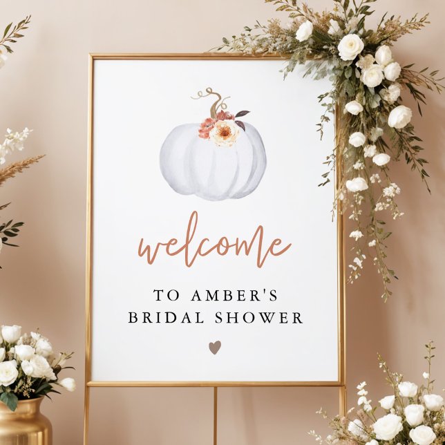 AMBER White Pumpkin Fall Brautparty Willkommen Poster (Terracotta Floral White Pumpkin Bridal Shower Welcome Sign)
