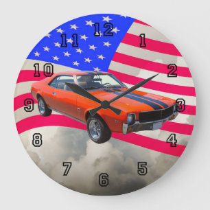 AMC Javlin Classic Car mit amerikanischer Flagge Große Wanduhr