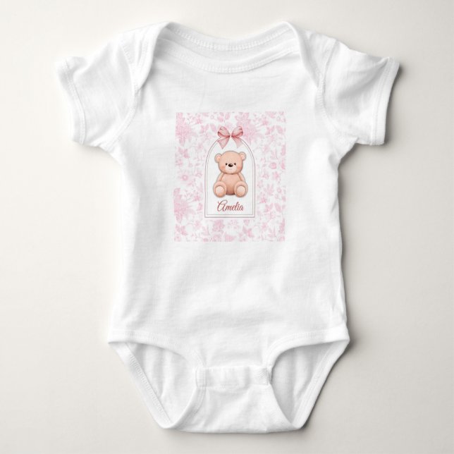 Amelia | Benutzerdefiniertes rosa Teddy-Bär-Kinder Baby Strampler (Vorderseite)