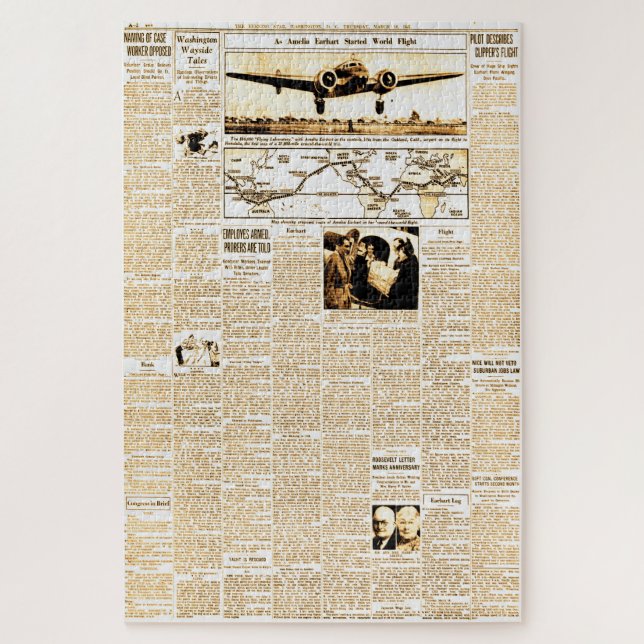 Amelia Earhart Vintage Zeitungsgeschichte Sepia Puzzle (Vertikal)