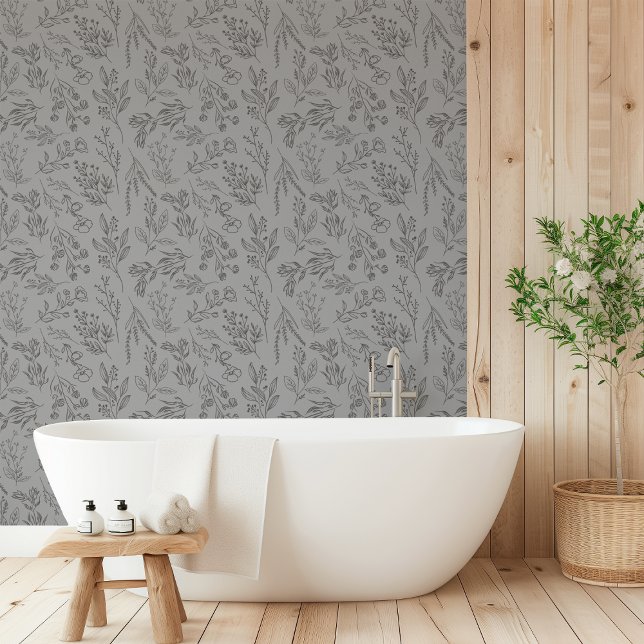 AMELIA Floral Botanische Blume Dunkelgrau Tapete (AMELIA Floral Botanical Flower Dark Gray Black Wallpaper)