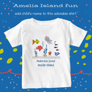 Amelia Island FL Fun Ocean Fish with Child's Name Baby T-shirt