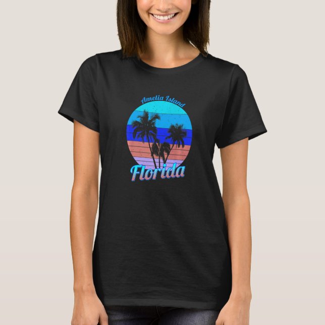 Amelia Island Florida Retro Palm Tree Beach Sommer T-Shirt (Vorderseite)
