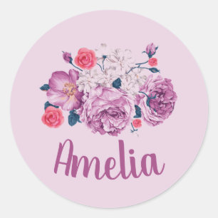 Amelia Name Floral Custom Vintag Blume Rose Girl Runder Aufkleber
