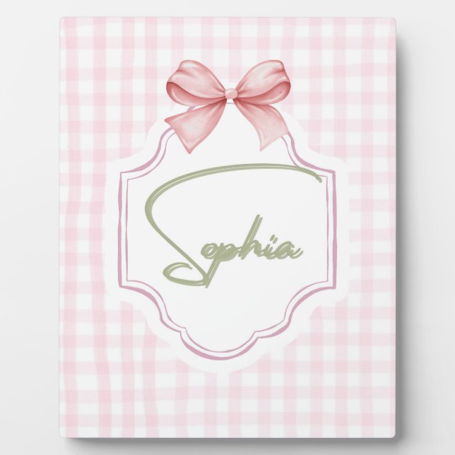 Amelia Personalisiert Pink Bow & Gingham Print Fotoplatte (Vorderseite)