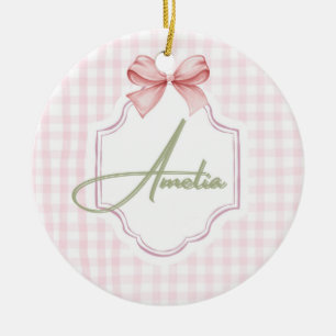 Amelia Personalisiert Pink Bow & Gingham Print Keramik Ornament
