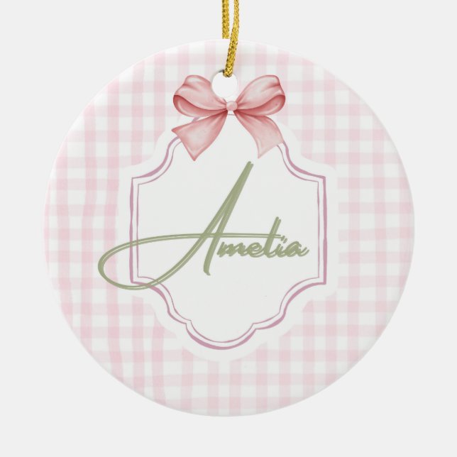 Amelia Personalisiert Pink Bow & Gingham Print Keramik Ornament (Vorne)