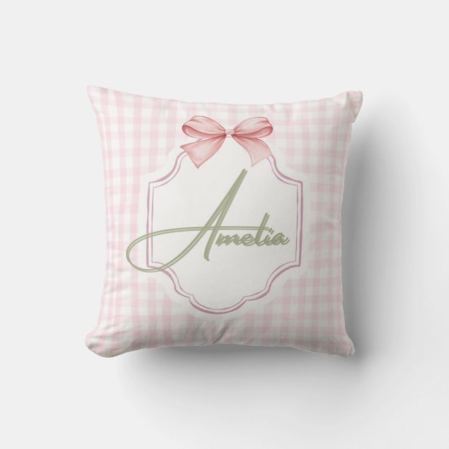 Amelia Personalisiert Pink Bow & Gingham Print Kissen (Vorderseite)