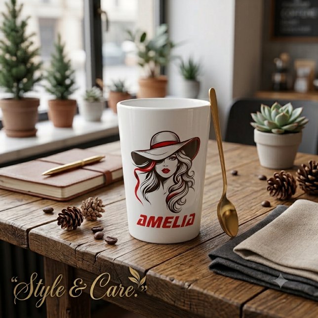 Amelia Stylish Milchtasse (Personalized Name Fashion Lady Silhouette Design Latte Mug)