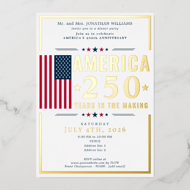America 250 US Flag Patriotic July 4th Blue Formal Folieneinladung (Vorderseite)