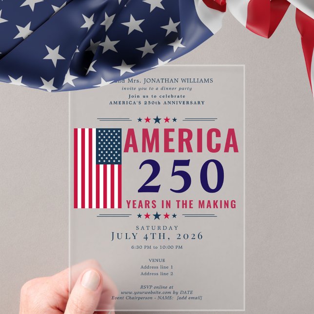 America 250 USA Flag Patriotic 4th of July Formal Acryleinladungen (America 250th Semiquincentennial Anniversary July Fourth 2026 Fundraiser Gala Party)