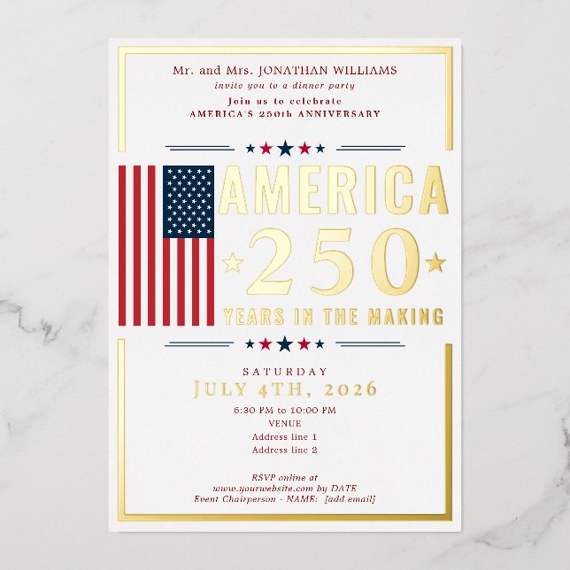 America 250 USA Flag Patriotic July 4th Red Formal Folieneinladung (Vorderseite)