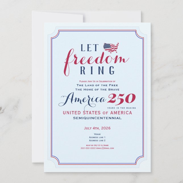 America 250 Years USA Anniversary Let Freedom Ring Einladung (Vorderseite)