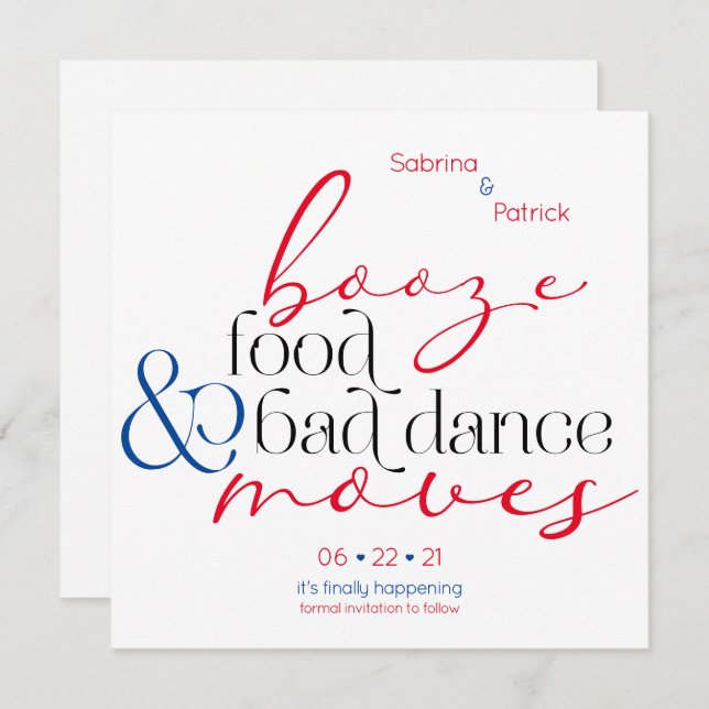 America Booze Food Bad Dance Moves Rett the Date Einladung (Vorne/Hinten)