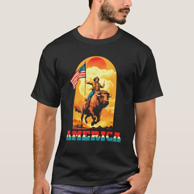 America Dude Riding On A Buffalo Drinking Beer Wit T-Shirt (Vorderseite)