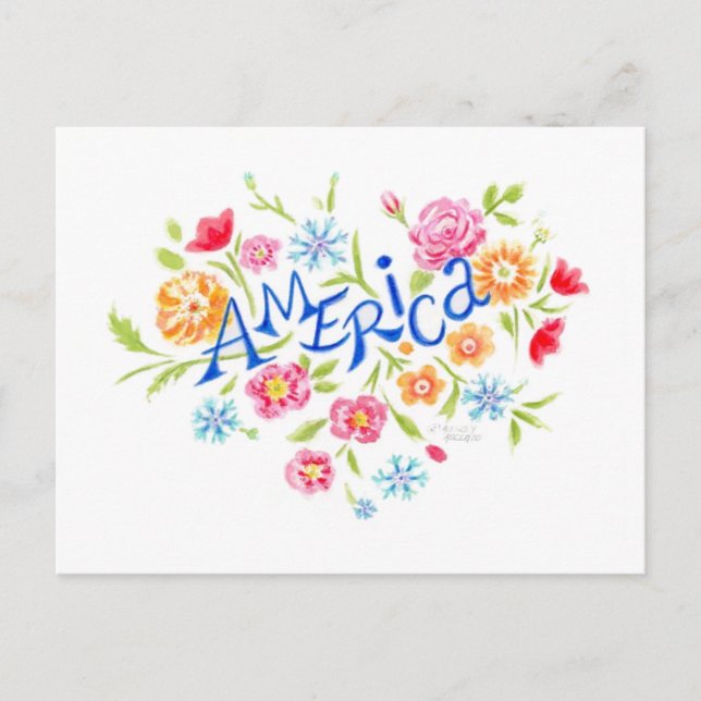 America Floral Heart Postcard Postkarte (Vorderseite)