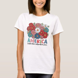 America Floral Patriotic Retro Flower Design T-Shirt