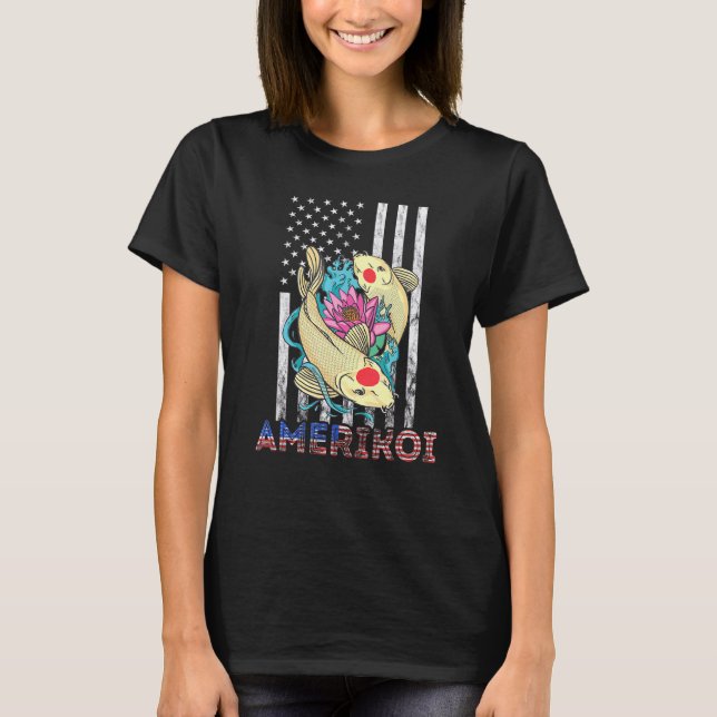 America Koi Fish Lotus 4. Juli Patriotische Ameri T-Shirt (Vorderseite)
