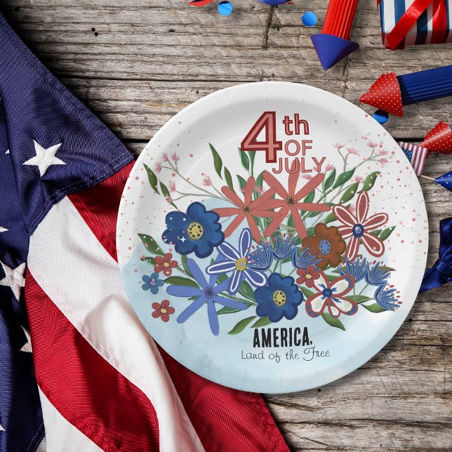 "America Land of the Free" 4. Juli Blume Pappteller (America Land of the Free_ 4th of July Flowers Paper Plates)