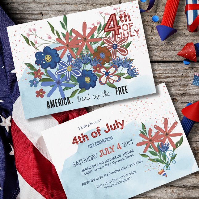 "America Land of the Free" 4. Juli Einladung (America Land of the Free_ 4th of July Floral Holiday Card)