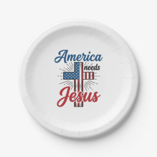 America Needs Jesus Patriotisches Kreuz-Shirt-Desi Pappteller