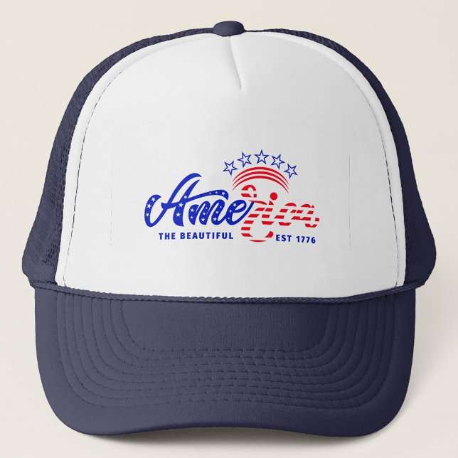 America Trucker Hat Truckerkappe ( A vibrant design that reads 'America the Beautiful' with stars and stripes. )