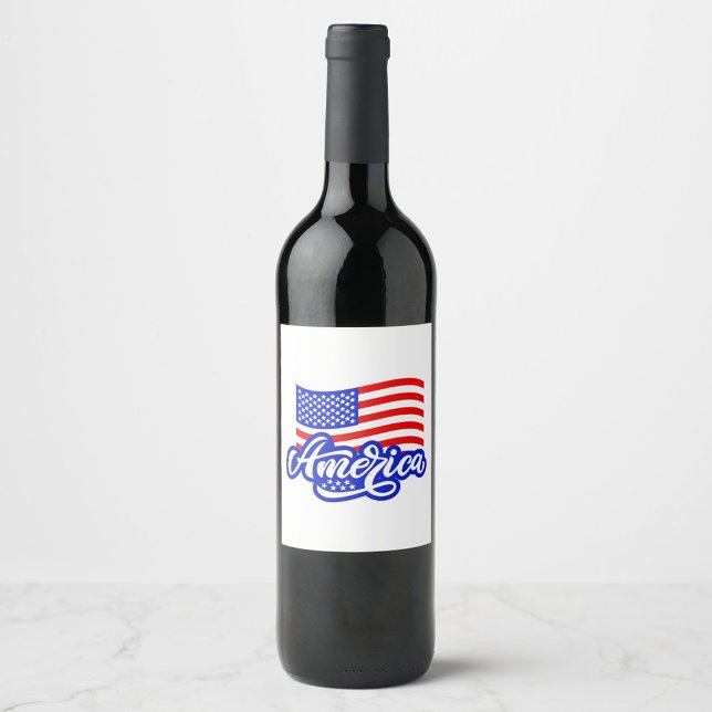America Wine Label Weinetikett (Illustration of the word "America" in a stylized script font, with a waving American Flag above it!)