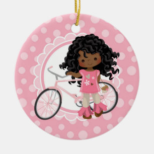 American African Bicycle Girl - Pink White Keramik Ornament