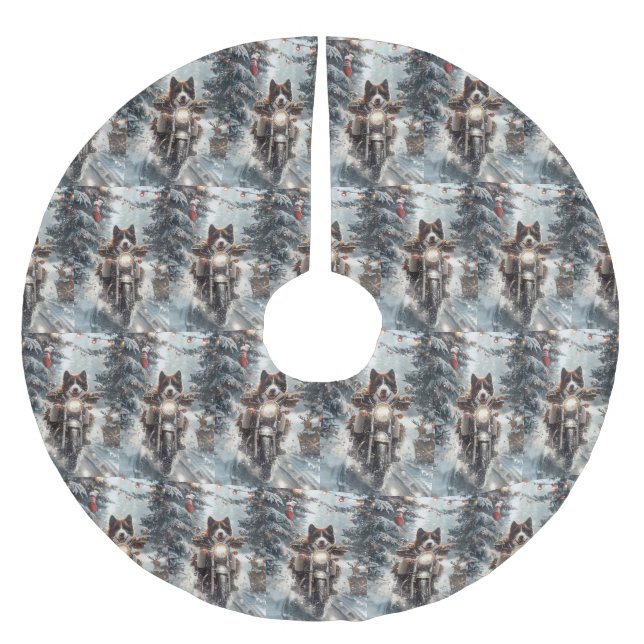 American Akita Dog Riding Motorrad Weihnachten Polyester Weihnachtsbaumdecke (Vorderseite)