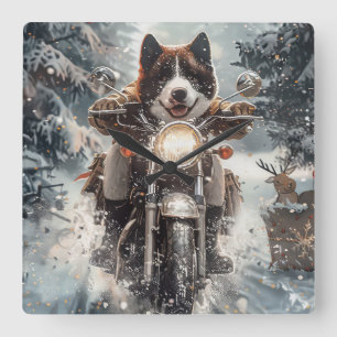 American Akita Dog Riding Motorrad Weihnachten Quadratische Wanduhr