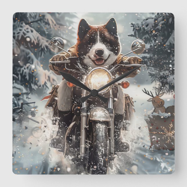 American Akita Dog Riding Motorrad Weihnachten Quadratische Wanduhr (Vorderseite)
