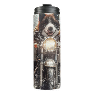 American Akita Dog Riding Motorrad Weihnachten Thermosbecher