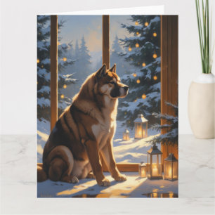 American Akita mit Weihnachtsbeleuchtung Urlaub Karte