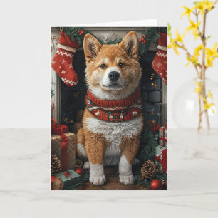 American Akita mit Weihnachtsgeschenken Feuerplatz Karte