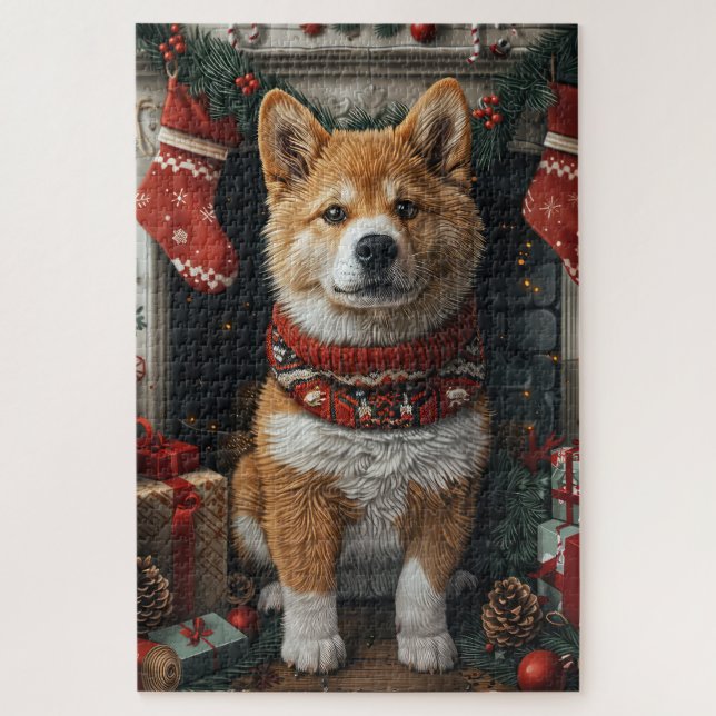 American Akita mit Weihnachtsgeschenken Feuerplatz Puzzle (Vertikal)