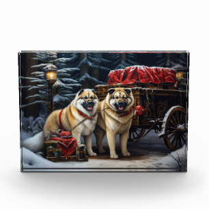 American Akita Snowy Sleigh Ride Weihnachtsdekor Fotoblock