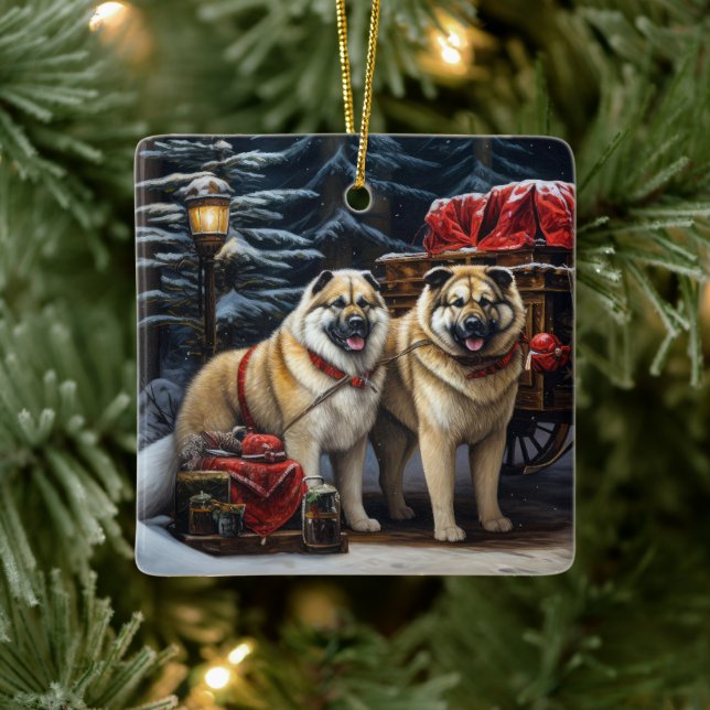 American Akita Snowy Sleigh Ride Weihnachtsdekor Keramikornament (Baum)