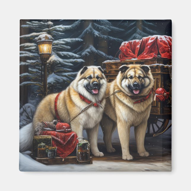 American Akita Snowy Sleigh Ride Weihnachtsdekor Magnet (Vorne)
