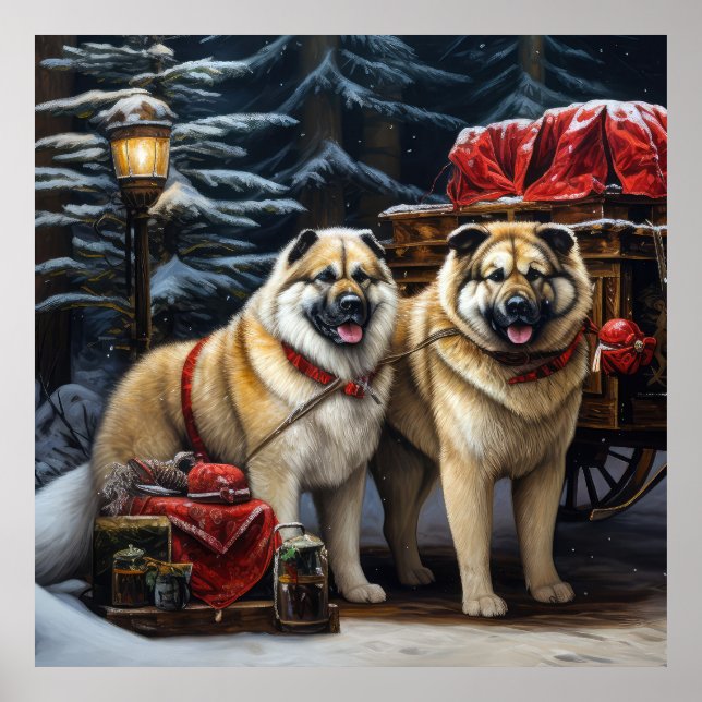 American Akita Snowy Sleigh Ride Weihnachtsdekor Poster (Vorne)