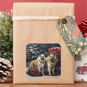 American Akita Snowy Sleigh Ride Weihnachtsdekor Quadratischer Aufkleber
