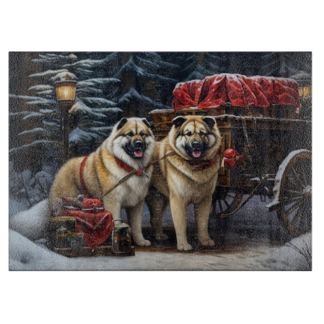 American Akita Snowy Sleigh Ride Weihnachtsdekor Schneidebrett (Vorderseite)