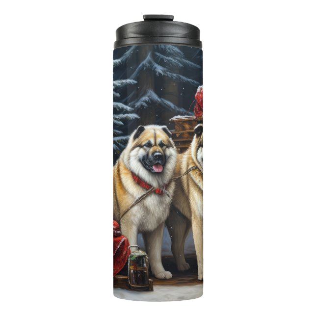 American Akita Snowy Sleigh Ride Weihnachtsdekor Thermosbecher (Vorderseite)