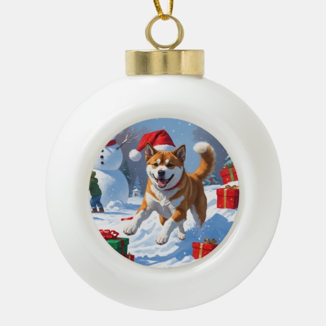American Akita Weihnachtsfest Schneeszene Keramik Kugel-Ornament (Vorderseite)