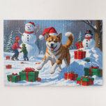 American Akita Weihnachtsfest Schneeszene Puzzle<br><div class="desc">Eine herzliche Ferienillustrierung mit einem fröhlichen Hund,  der im Schnee spielt,  eine Weihnachtsmannmütze trägt und von bunten Geschenkboxen umgeben ist. Im Hintergrund bauen die Kinder neben einem schneebedeckten Weihnachtsbaum einen Schneemann und schaffen so ein fröhliches Winterwunderland. Ideal,  um Feiertagssjubeln zu verbreiten und den Zauber von Weihnachten zu erfassen.</div>