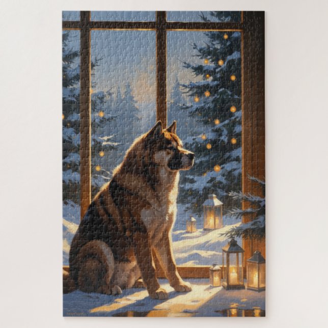 American Akita With Christmas Lights Holiday Puzzle (Vertikal)