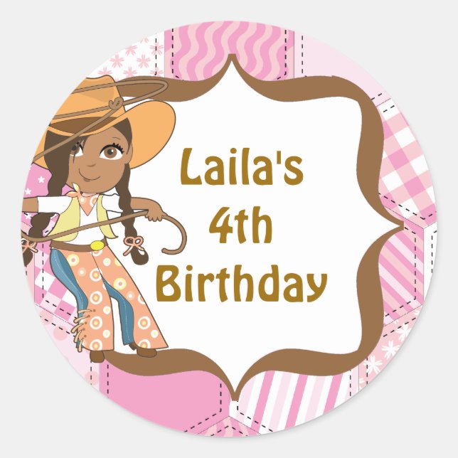American American Cowgirl Birthday Party Labels Runder Aufkleber (Vorderseite)
