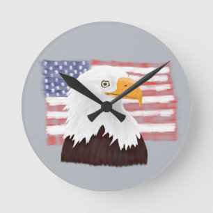 American Bald Eagle and Flag - transparent auf gra Runde Wanduhr