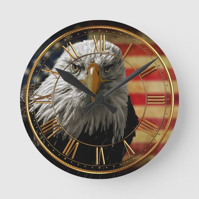 American Bald Eagle auf Grunge Flag Runde Wanduhr (Vorderseite)
