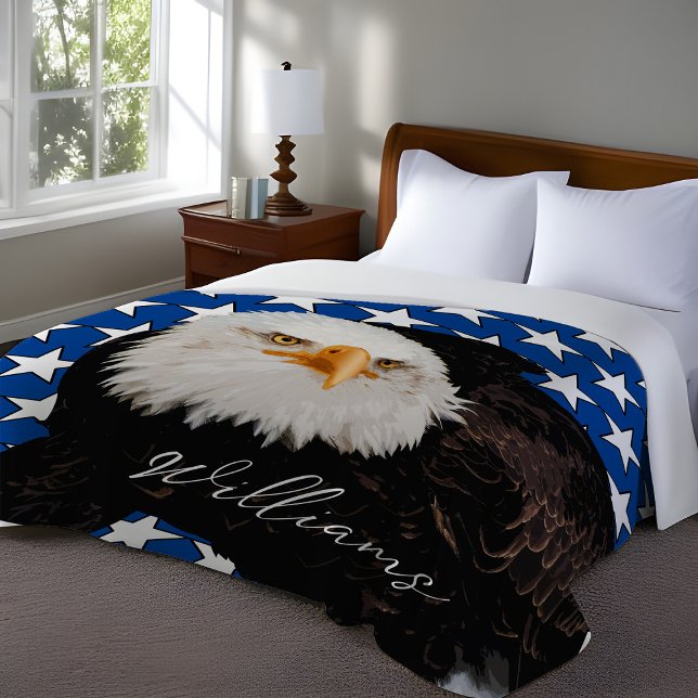 American Bald Eagle Patriotic Blue Veteran Name Sherpadecke (American Bald Eagle personalized patriotic throw blanket with family name, Veteran's day gift)